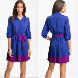 Eliza J Pleated Button Down 3/4 Sleeve Blue and Purple Dress